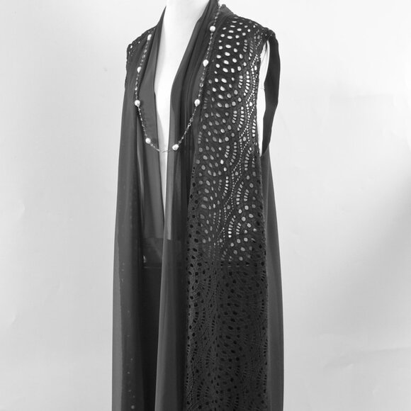 NEW Black Needle Lace LONG VEST with Chiffon Back, US XL, 46 - Picture 3 of 13